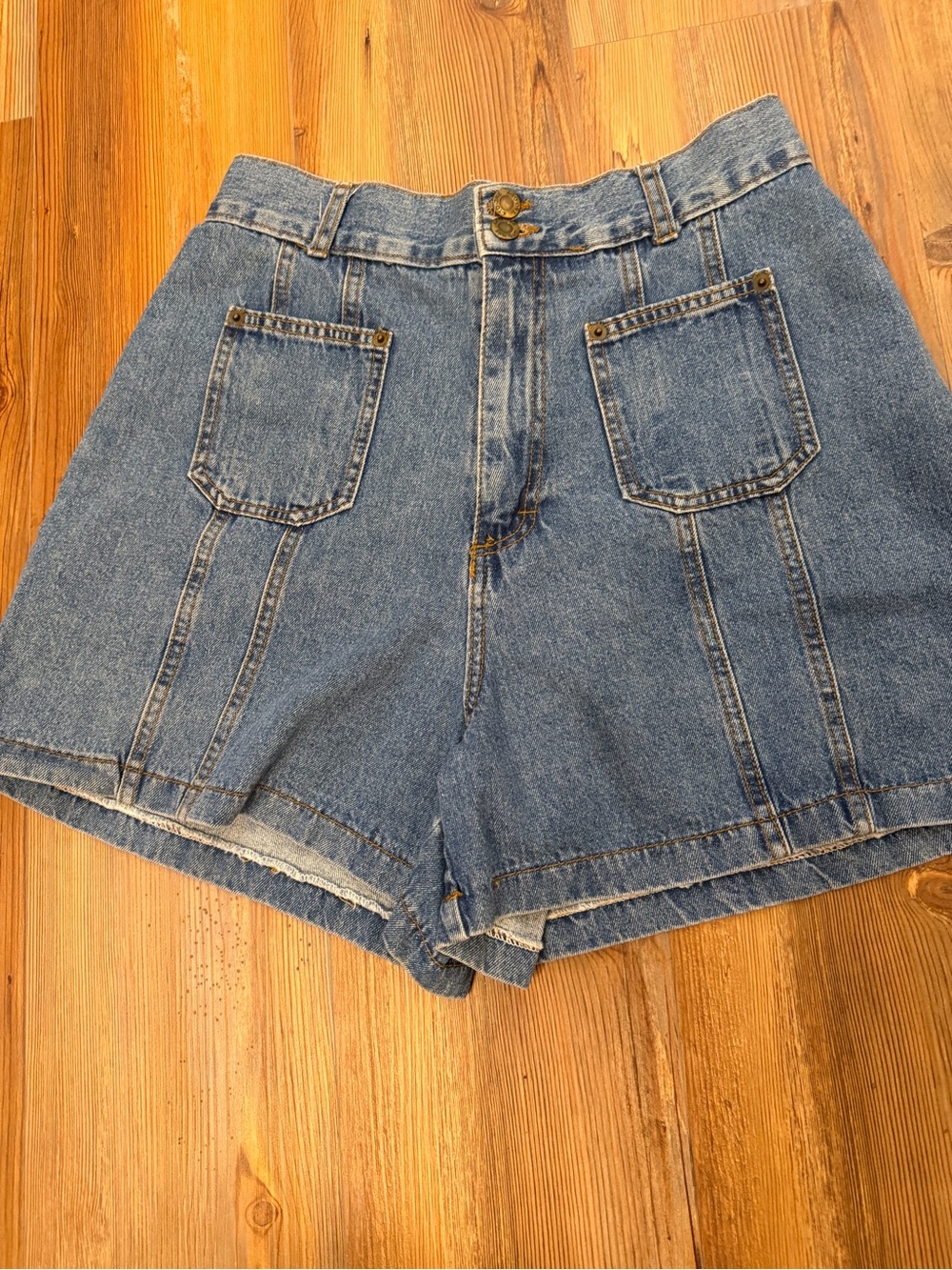 Vintage High-Rise Blue Denim Jean Shorts with Front Patch Pockets